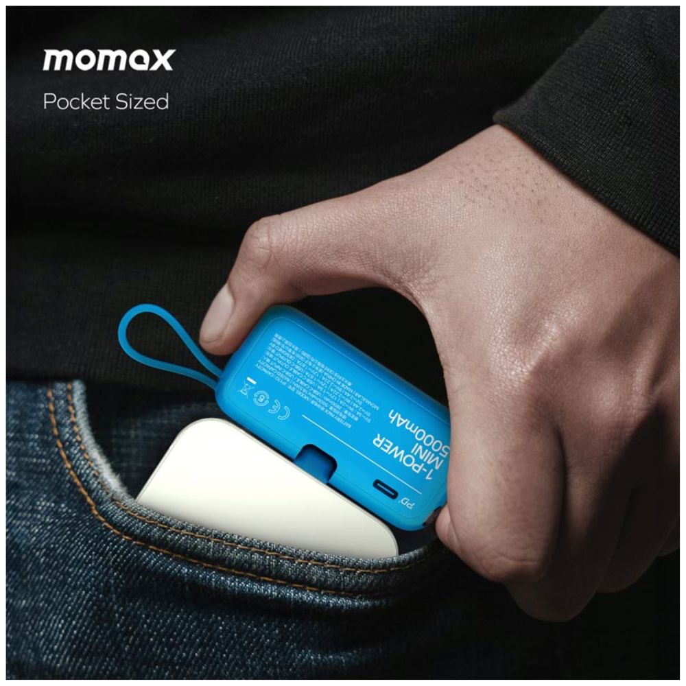 بطارية شحن متنقلة 1-باور ميني 5000 مللي أمبير/ساعة مدمجة قابلة للطي بمنفذ USB-C من Momax | أزرق بطارية شحن متنقلة 1-باور ميني 5000 مللي أمبير/ساعة مدمجة قابلة للطي بمنفذ USB-C من Momax | أزرق